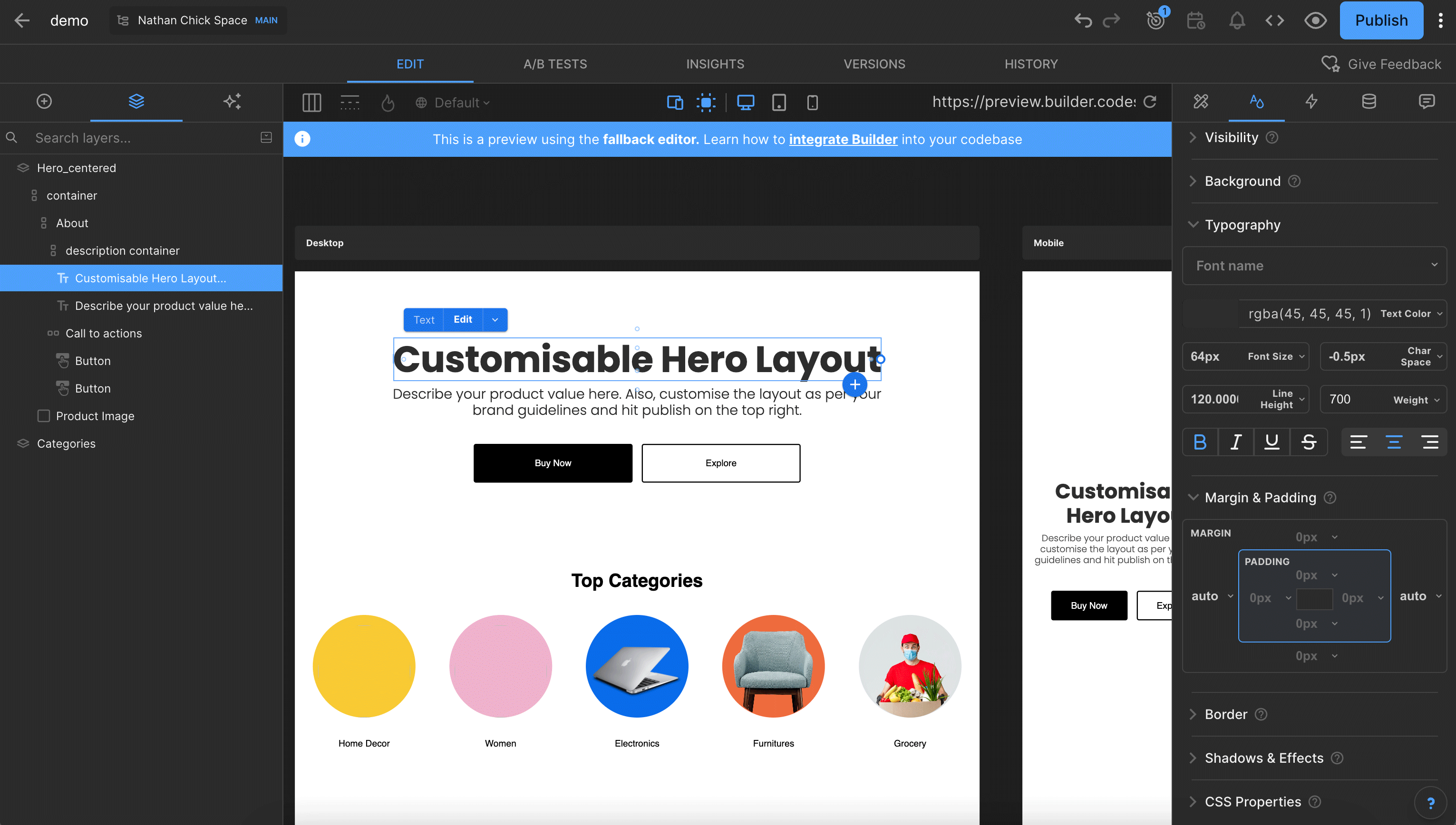 Builder.io Visual Editor Interface