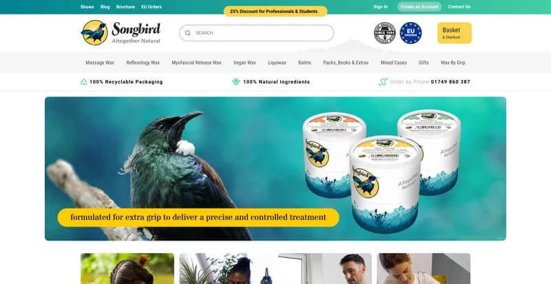Songbird Naturals website before - Legacy Luma theme with teal header and older layout