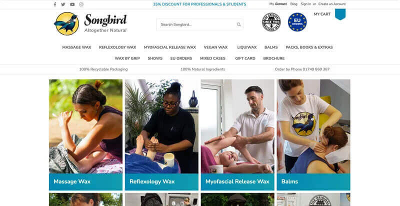 Songbird Naturals website after - Modern Hyva theme with clean white header and improved layout